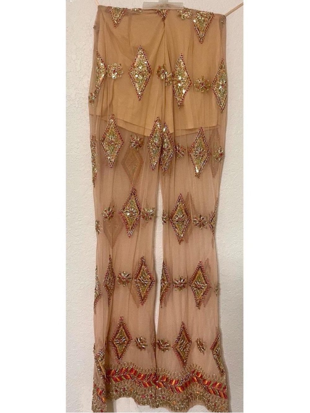 Banjul Tan Beaded Sheer Wide-Leg Pants